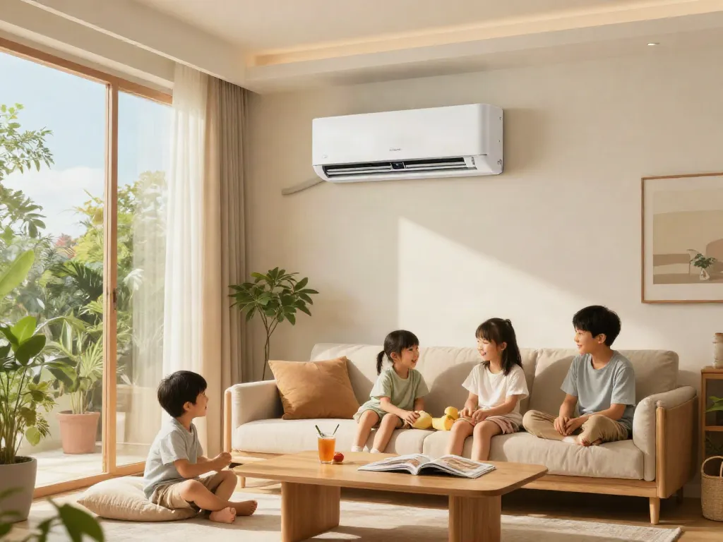 Family enjoying comfort in a stylish living room with a ductless air conditioner mini
