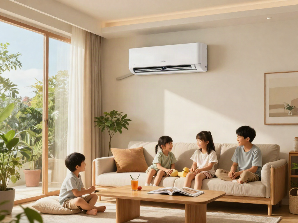 Family enjoying comfort in a stylish living room with a ductless air conditioner mini
