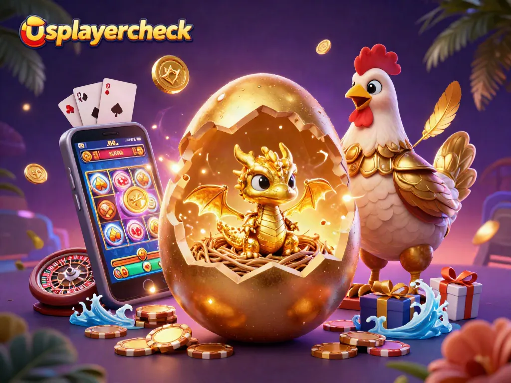Join the fun at usplayercheck with a sparkling casino scene, featuring a golden baby dragon and gaming characters.