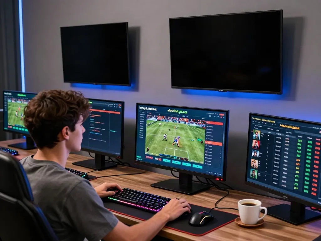 Exciting online betting setup on https://debet.gb.net/ with multiple screens and gaming accessories.