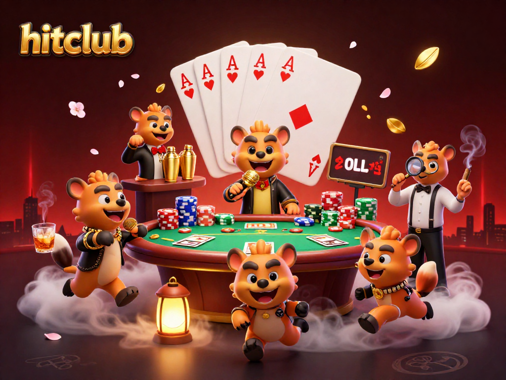 Hitclub showcases a busy comedy casino scene with hyenas, vibrant game elements and rich ambiance.