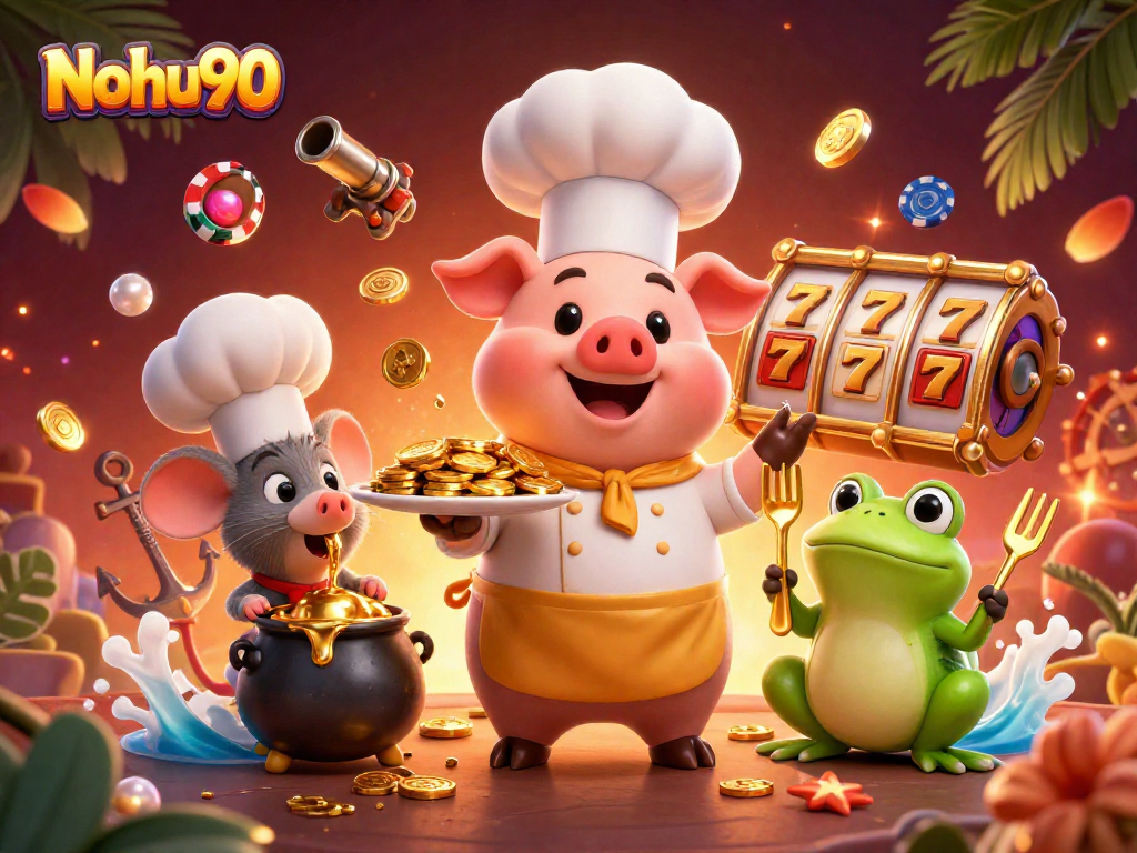 Nohu90 offers a lively 3D casino scene with characters serving gold and playing thrilling slots.