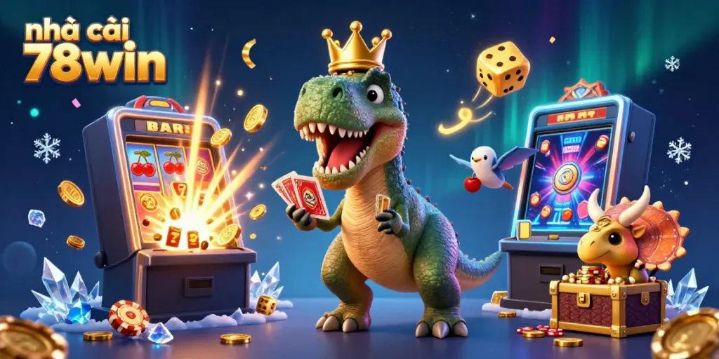 Engaging scene of nhà cái 78win featuring a T-Rex and friends playing cards amid a jackpot explosion of casino elements.