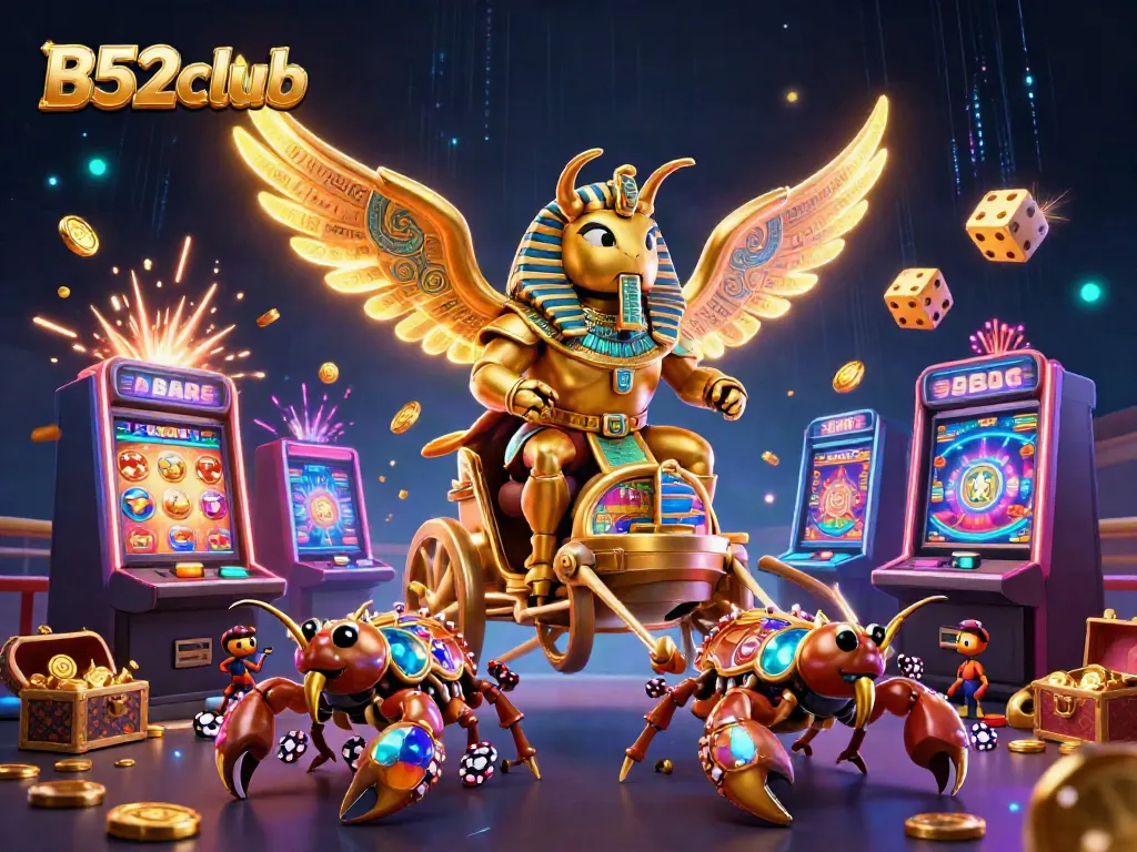 Engage in thrilling gameplay at B52club with exciting slot machines, poker, and dynamic chariot scene.