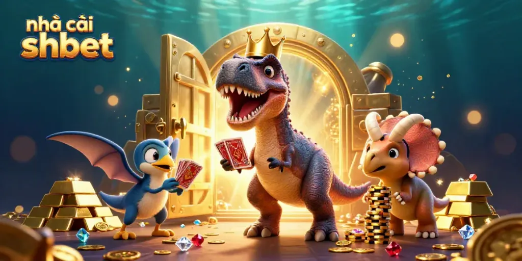 Experience exciting gaming at nhà cái shbet with friendly 3D casino dinosaur characters surrounded by treasures.