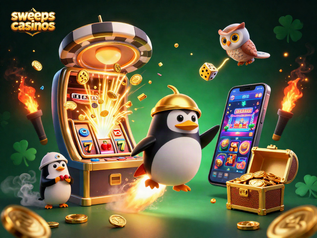 Engaging scene depicting sweeps casinos with a golden penguin, slot machine, and casino elements.