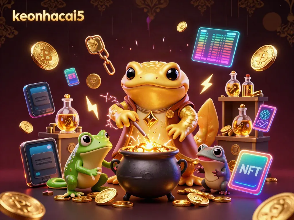 Watch keonhacai5 characters create gold coins amidst high-tech crypto elements in a lavish lab.
