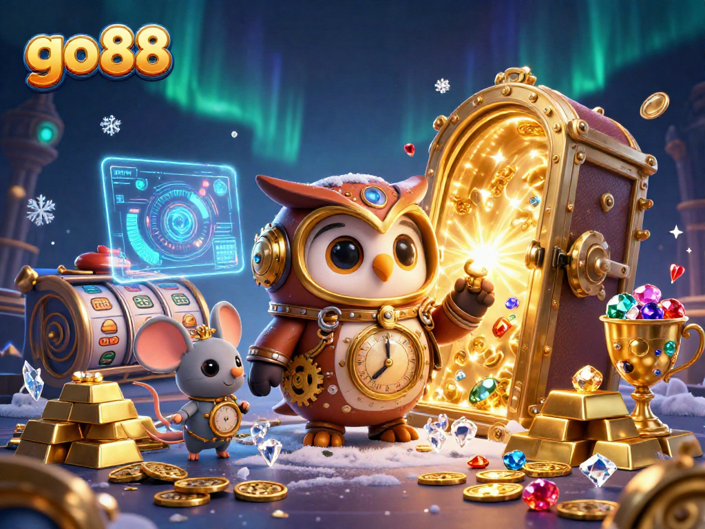 Experience thrilling gaming action at go 88 with slot machines and shimmering treasures in a vibrant casino scene.