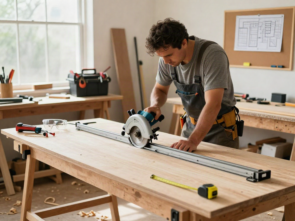 Circular saw guide rail in use by carpenter in workshop for precise wood cutting.