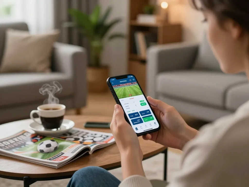 CM88 user exploring mobile betting app for live sports odds in a cozy ambiance