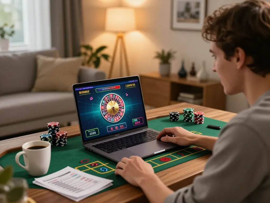 Person enjoying live dealer gameplay on cm88 platform, showcasing online casino excitement in a cozy setting.