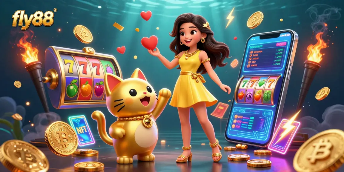 Experience the excitement of fly88 with vibrant slot reels and lucky symbols in a lively scene.