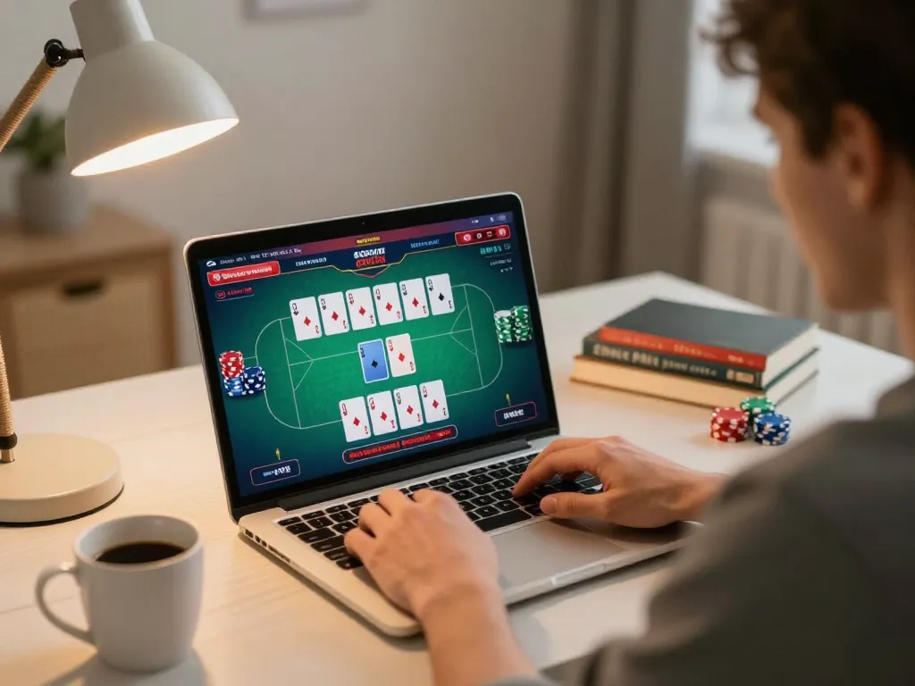 Engaging online poker game on trang chủ cm88 with player managing bets in cozy home office.