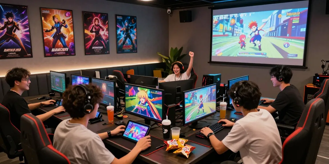 Gamers enjoying hentaigames in a vibrant lounge setting, engaging with various devices and animated visuals.