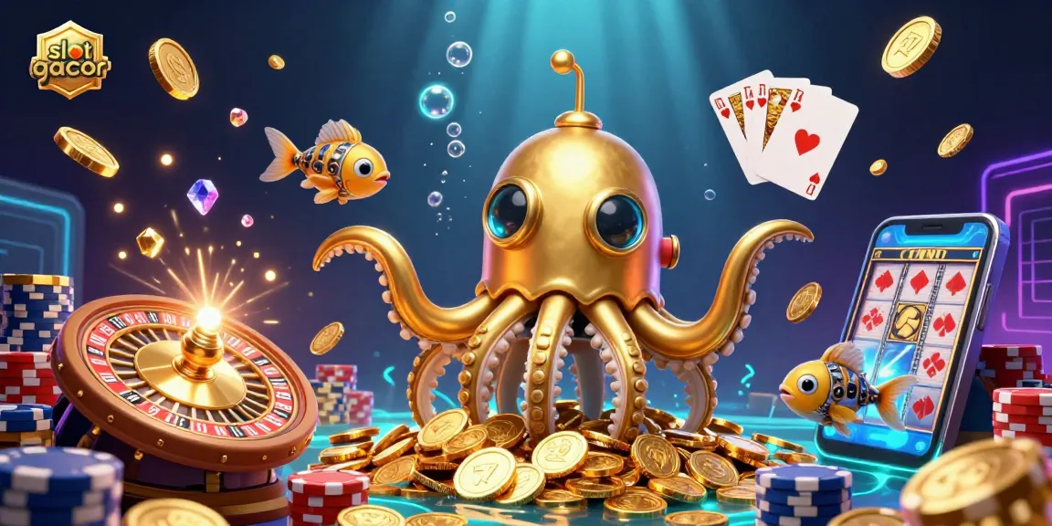 Experience the thrill of slot gacor with a vibrant underwater scene featuring golden kraken and cascading treasures.