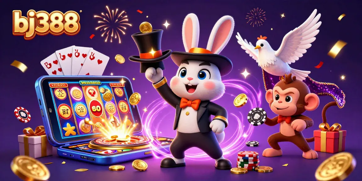 Experience thrilling gaming with bj388's magician character showcasing golden coins and dynamic casino elements.