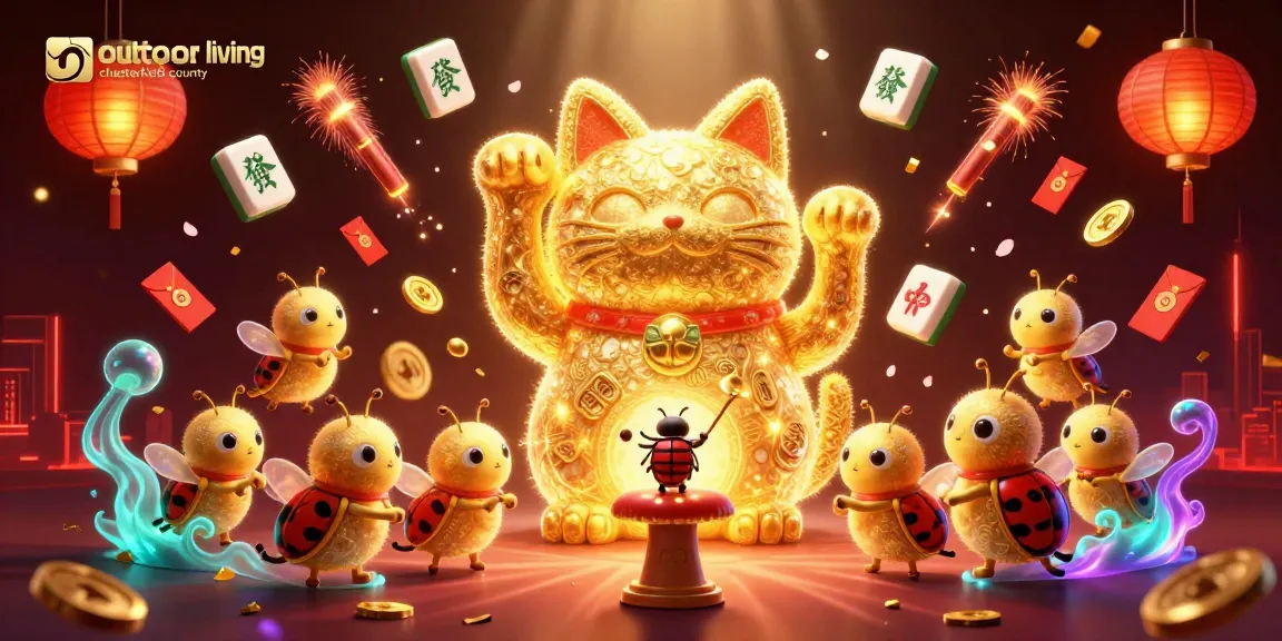 Engage with outdoor living company Chesterfield County's vibrant 3D casino-themed illustration featuring a lucky cat.