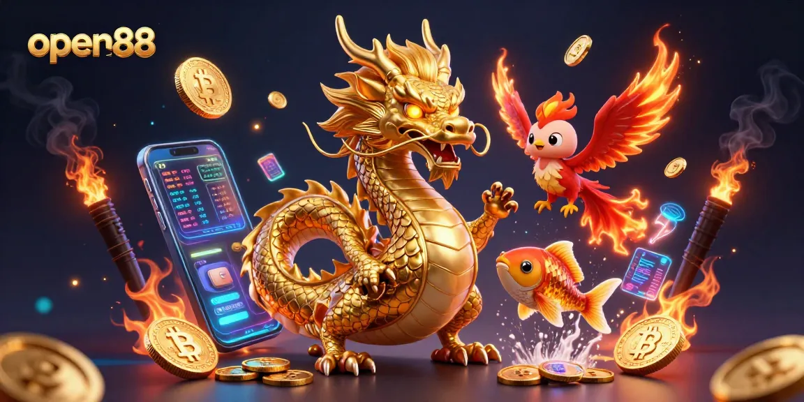 Engage with open88's thrilling casino experience featuring a fierce dragon and gold coins.