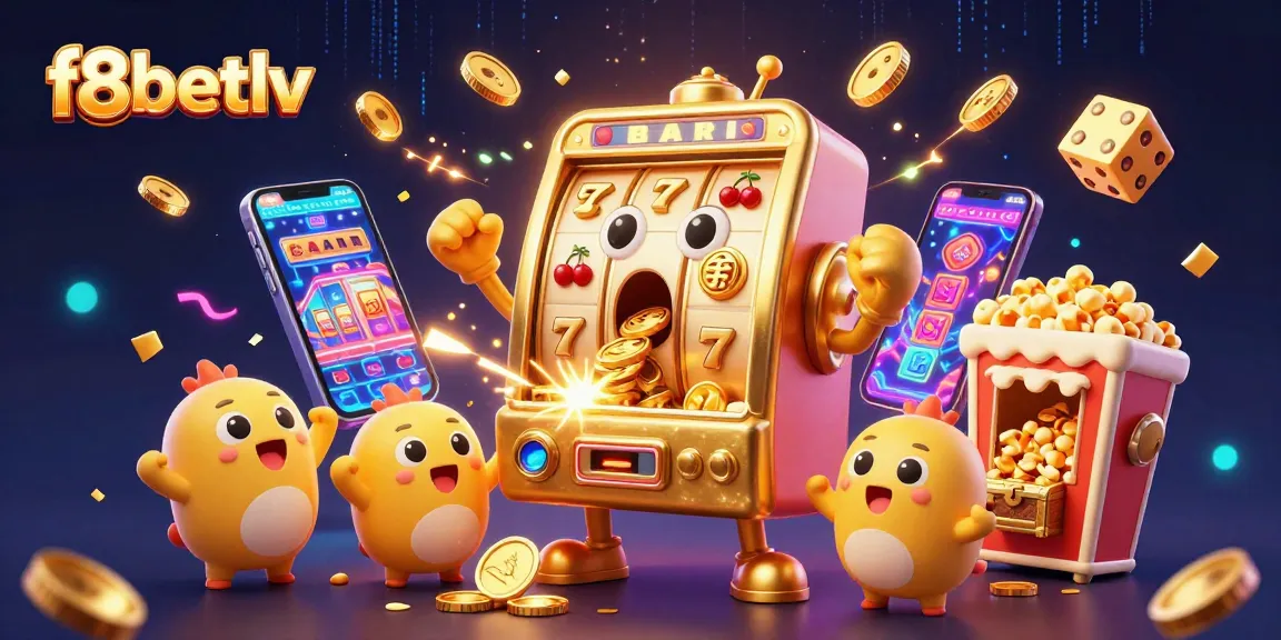 Experience vibrant casino excitement with f8betlv, featuring a joyful golden slot machine and cheering companions.