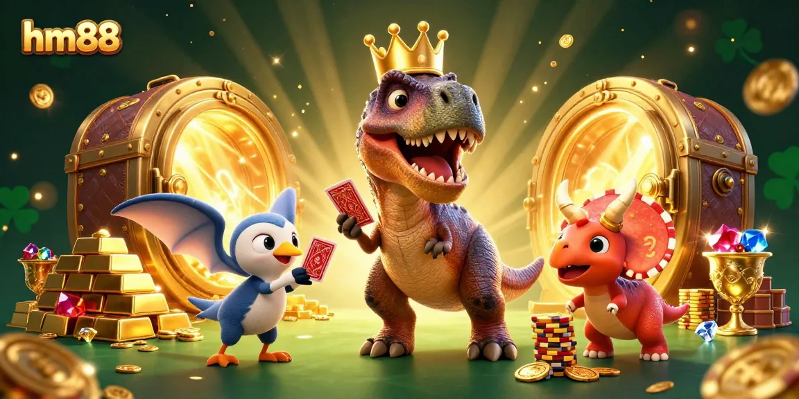 hm88 showcases a lively casino scene with T-Rex shuffling cards and a triceratops stacking chips, radiating excitement.