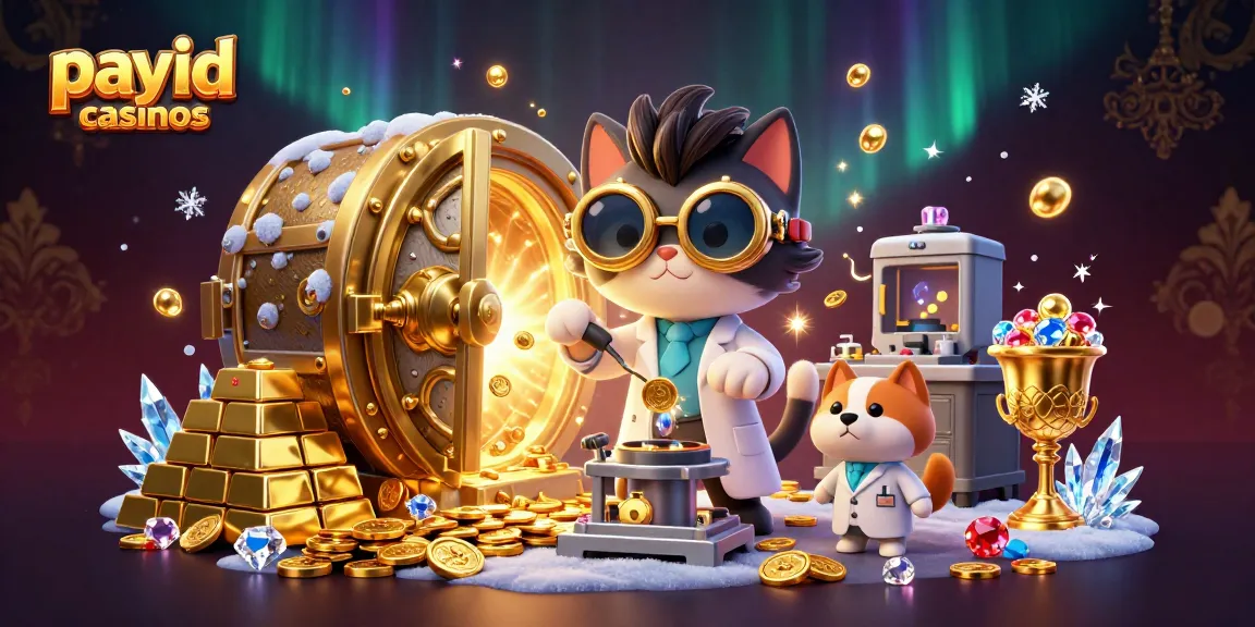 Experience payid casinos with a vibrant scene of a mad scientist cat and dog in a treasure-filled lab.