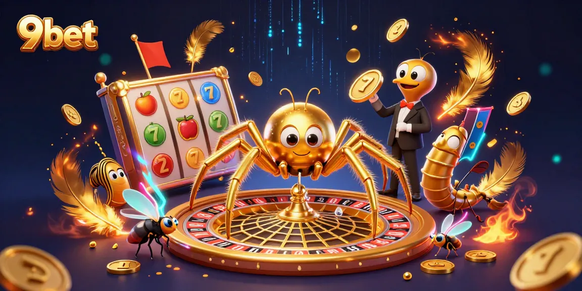 Engage with 9bet in an exciting 3D casino scene packed with spinning roulette wheels and vibrant game elements.