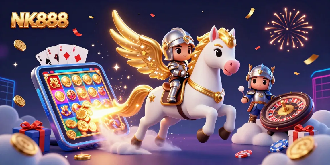 Experience thrilling gameplay with NK888 as the knight and winged horse ride through a vibrant casino world.