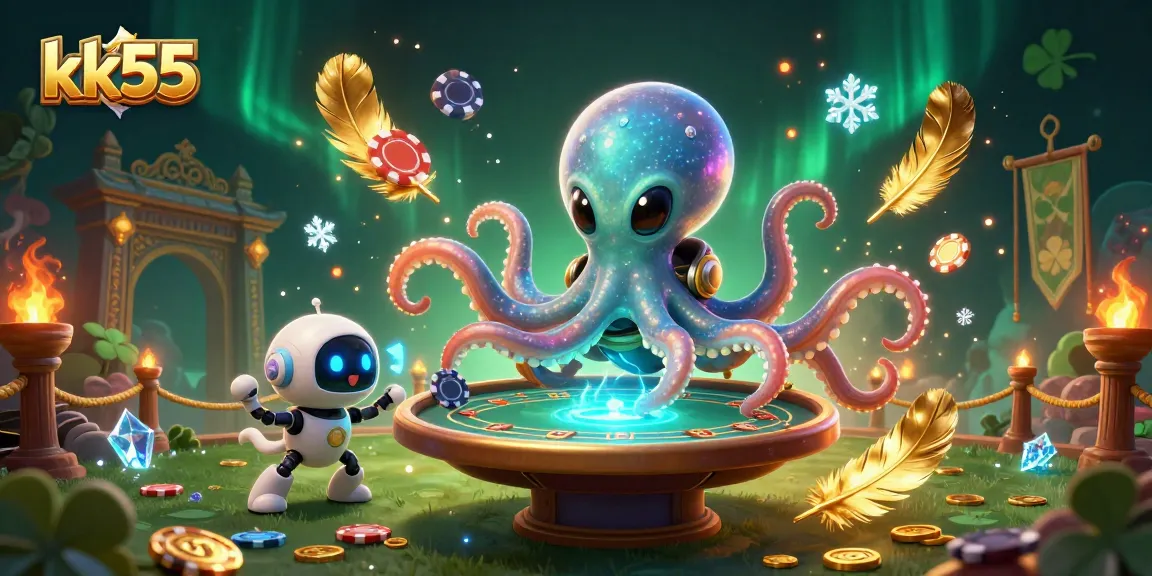 kk55 alien octopus playing holographic poker at a cosmic casino with vibrant elements