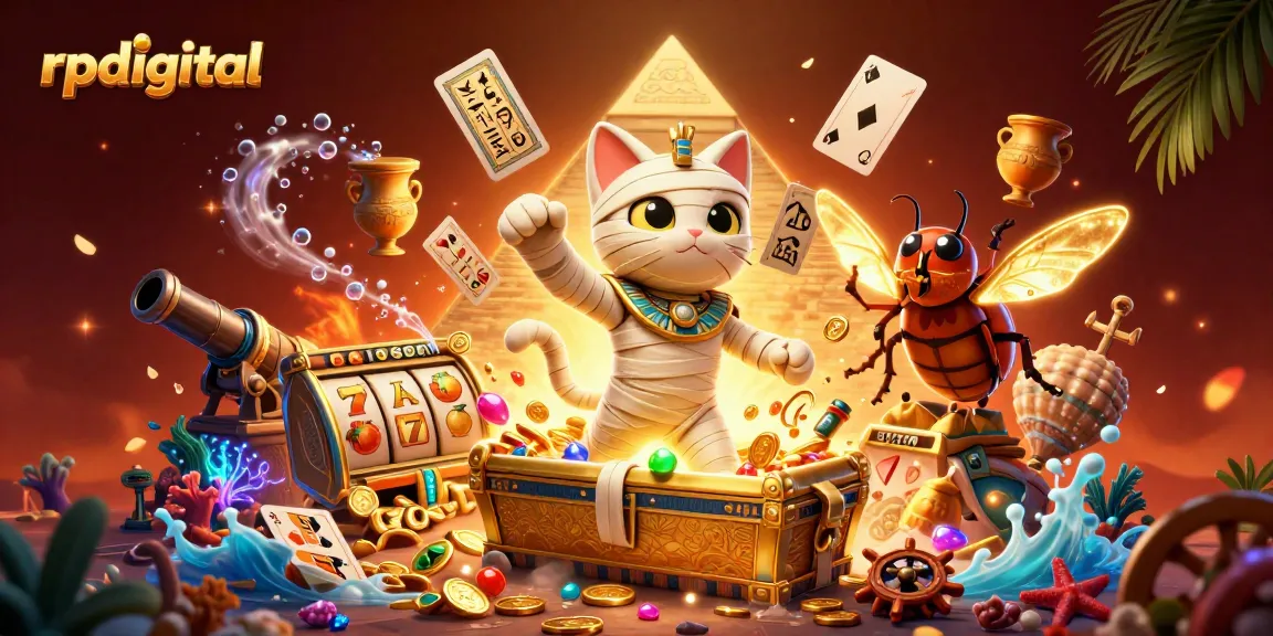 Experience thrilling wins at rpdigital with an Egyptian-themed casino illustration bursting with action.